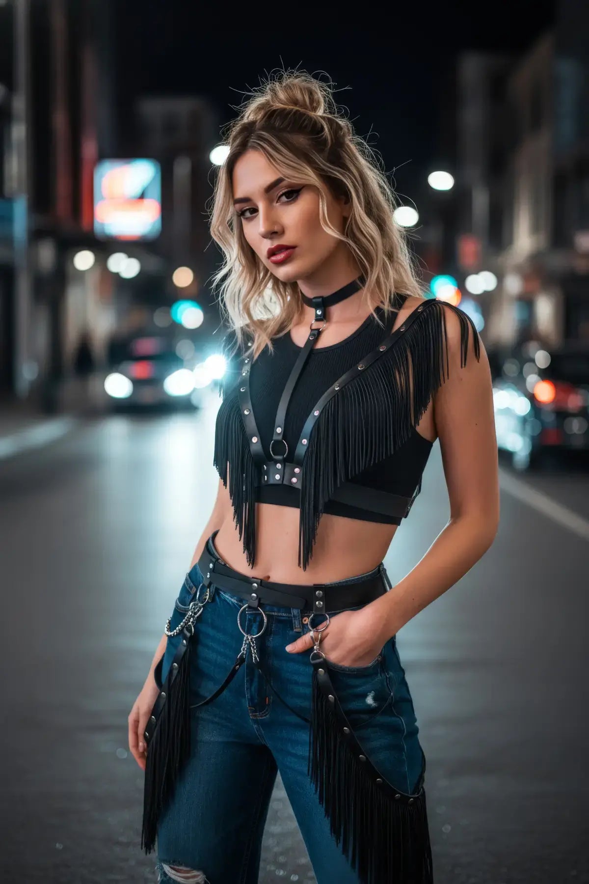 HarnessClub plus-size black fringe-wing bralette & chain-drop garter belt body harness set, vegan leather.