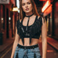 HarnessClub plus-size black fringe-wing bralette with chain-drop garter belt body harness set in vegan leather