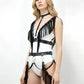 Plus-size black fringe-wing bralette and studded garter body harness set in vegan leather