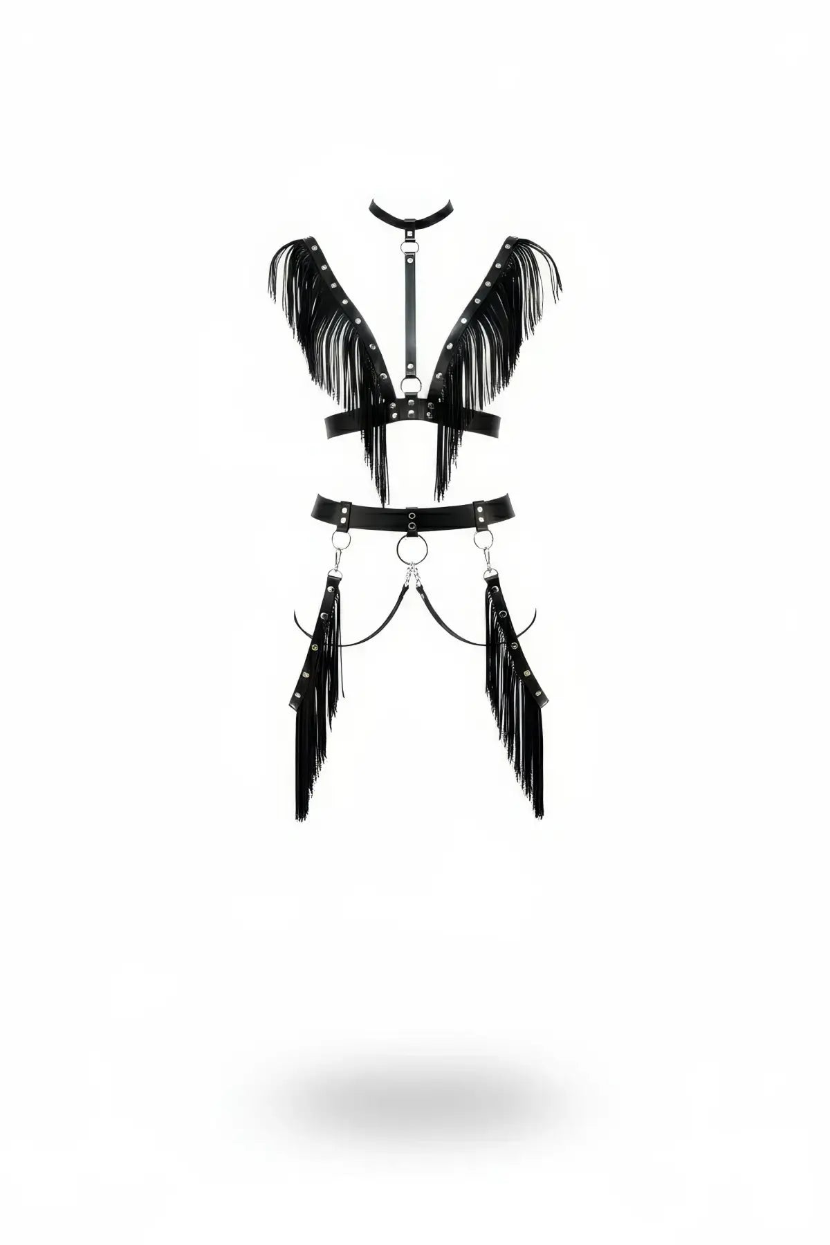 Plus-size black fringe-wing bralette and twin-thigh garter body harness set in vegan leather