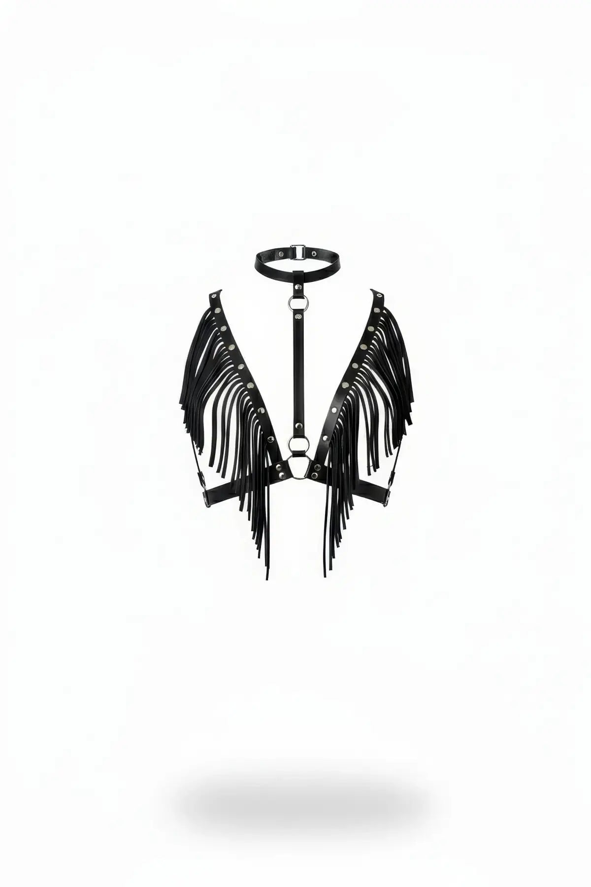 HarnessClub plus-size black fringe-wing chest cage harness with choker-anchored vegan leather