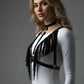 Plus-size black fringe-wing chest harness with choker, vegan leather body accessory