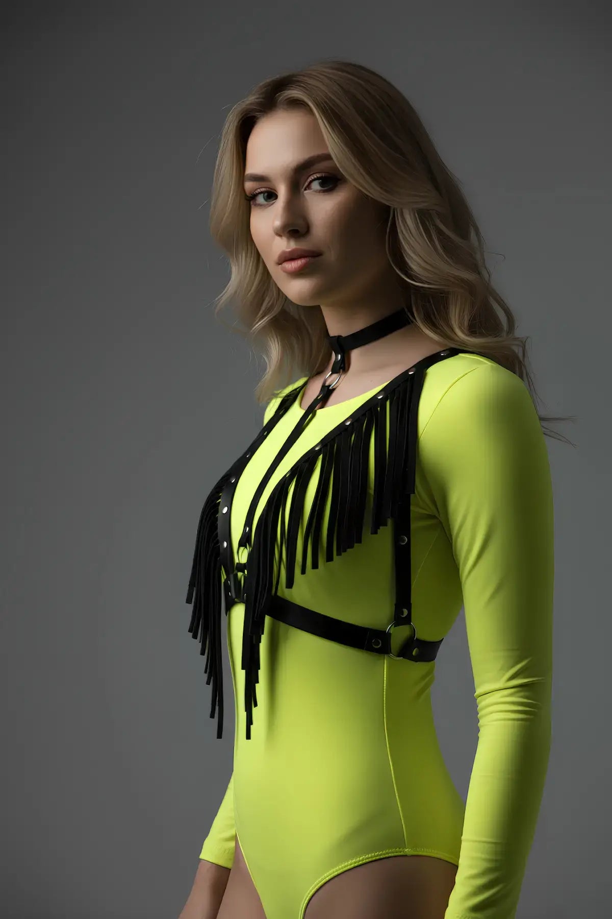 Plus Size Black Fringe-Wing Chest Harness with Choker; vegan leather body accessory.