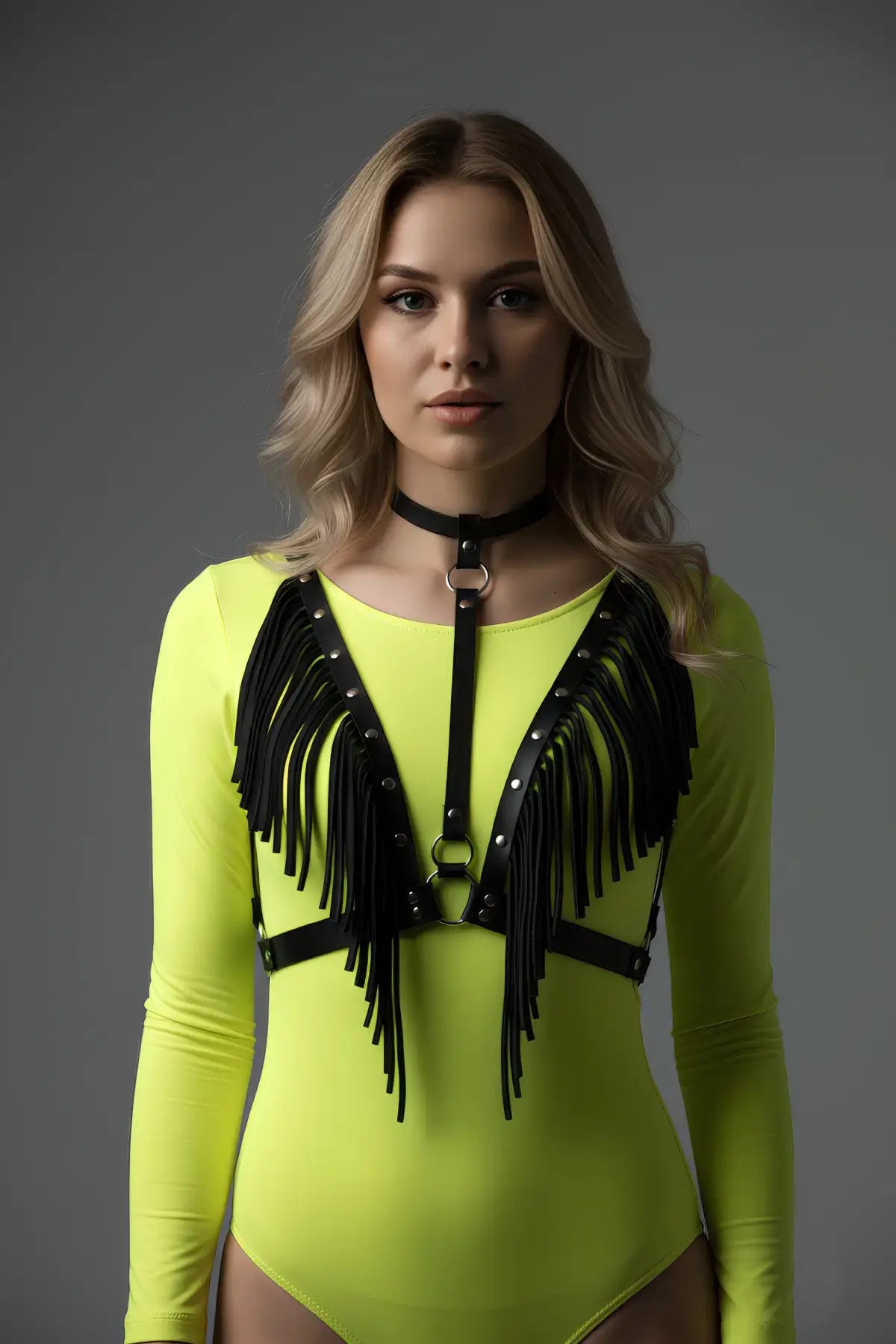 Plus-Size Black Fringe-Wing Chest Harness with Choker, vegan leather, HarnessClub