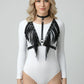 Plus-size black fringe-wing chest harness with choker by HarnessClub, vegan leather