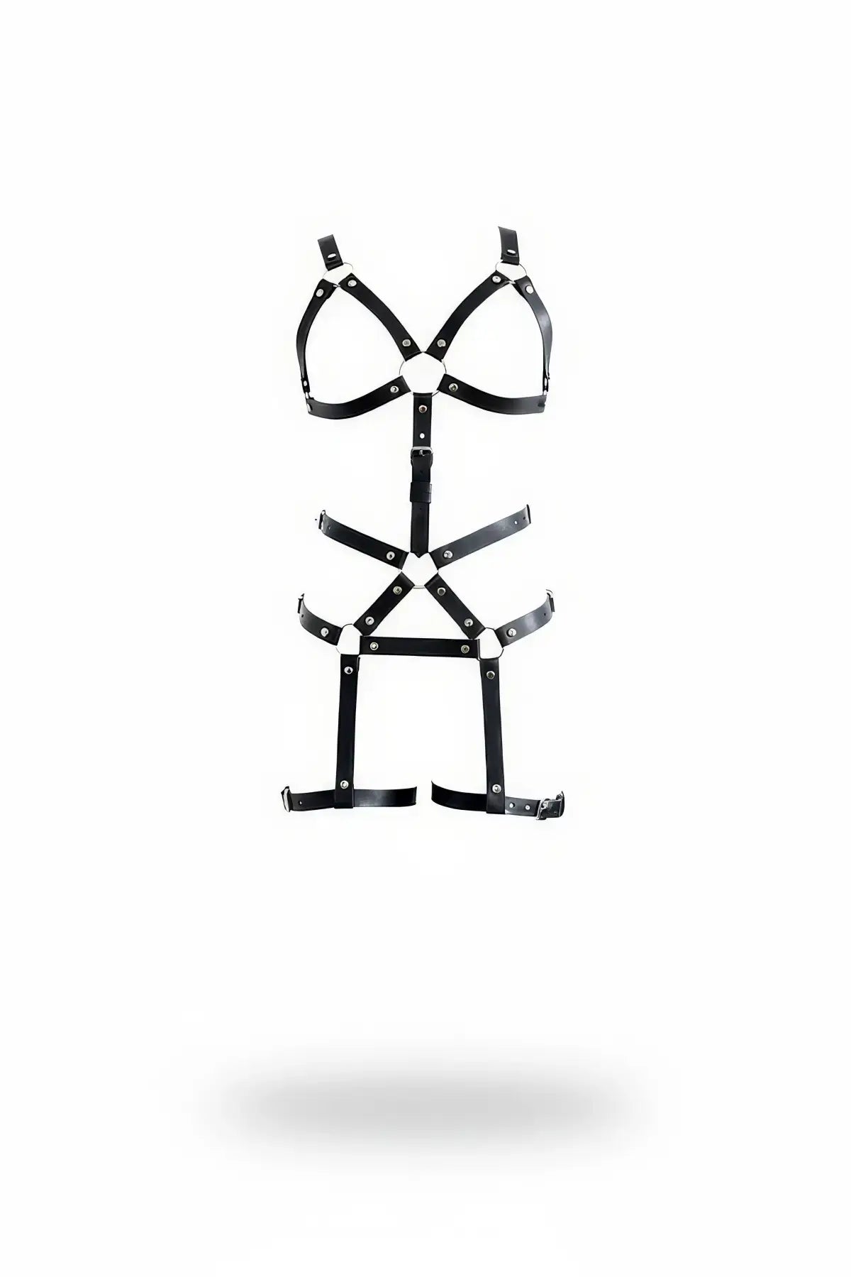 Full-body plus-size bralette and thigh garter harness by HarnessClub in black vegan leather with buckles and rings
