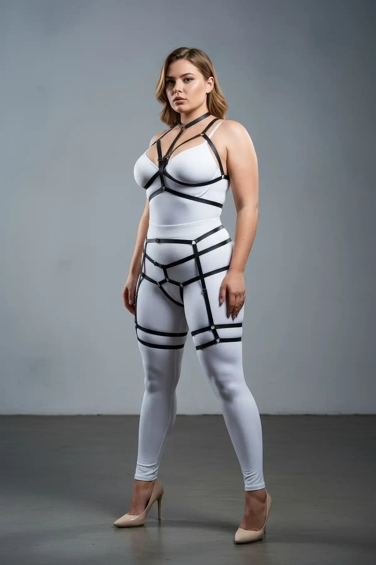 Plus-size black vegan leather full-body cage harness with thigh garters