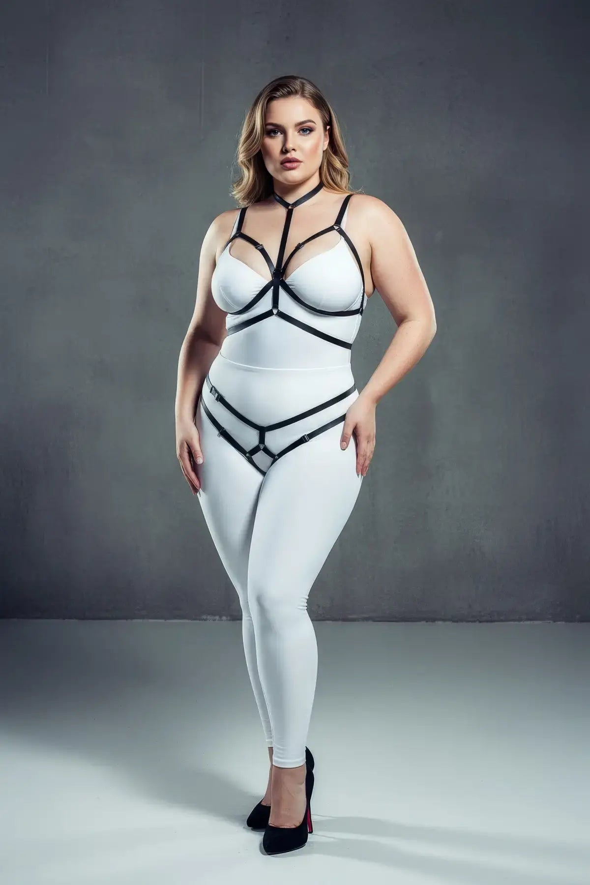 Plus-size black full-body elastic harness with choker and hip cage worn over a white bodysuit