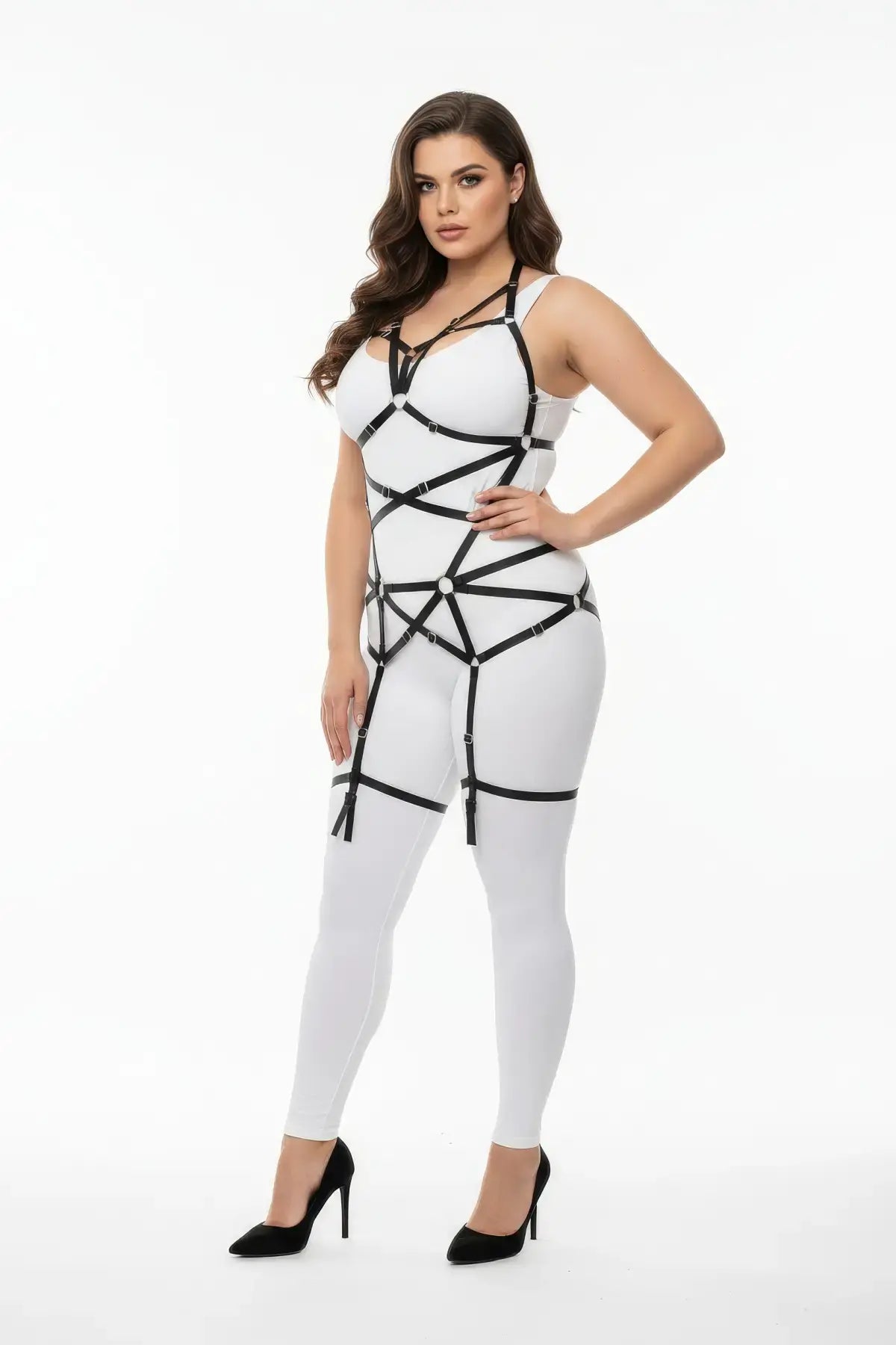 Plus Size Black Full-Body Elastic Web Harness with O-Ring Set on white bodysuit, HarnessClub