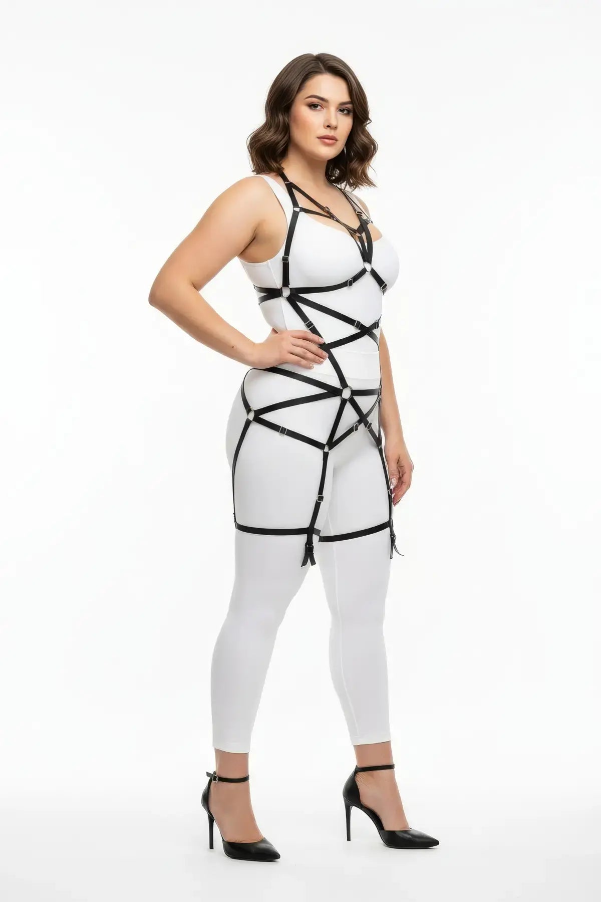 Plus-size black full-body elastic web harness with O-ring set by HarnessClub.