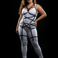 Plus-Size HarnessClub black full-body elastic web harness with O-ring set on white bodysuit