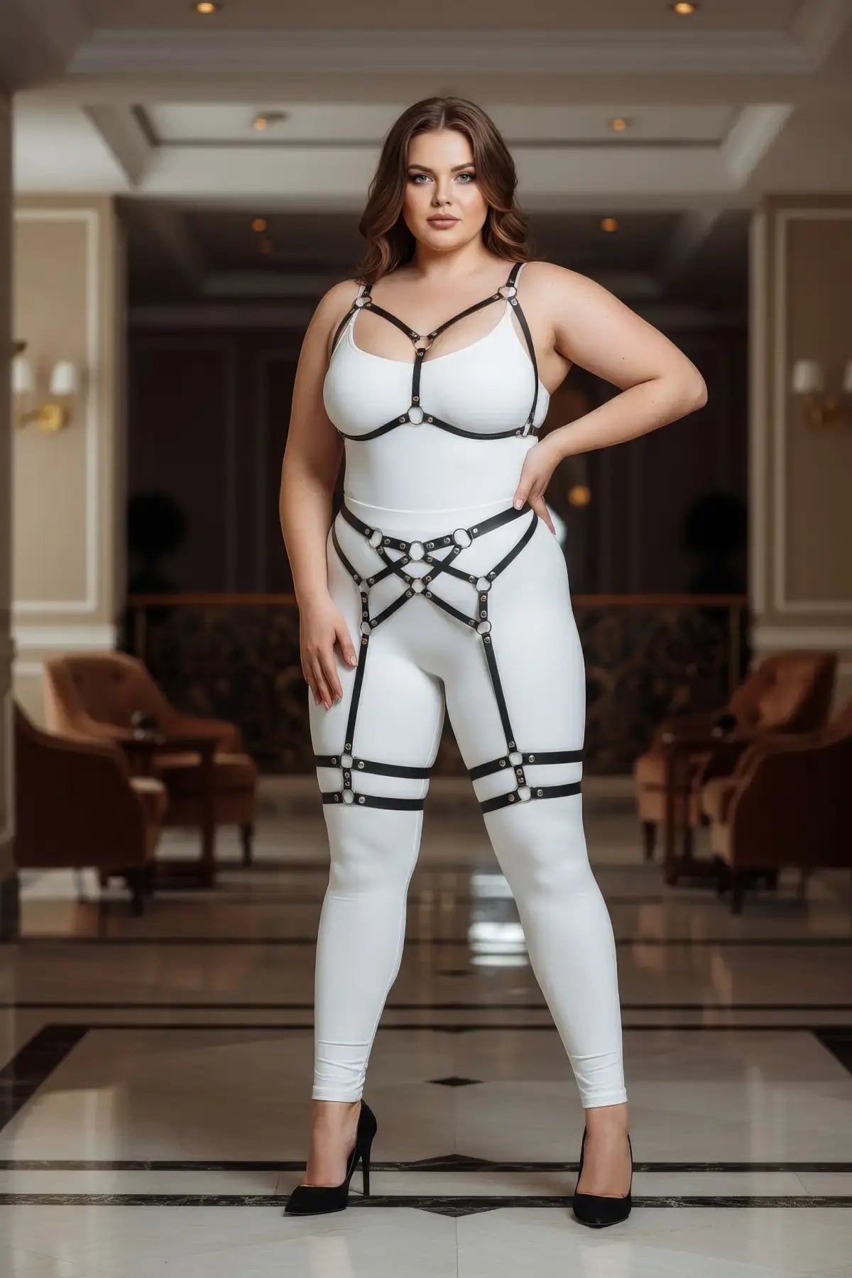 Plus Size Black Full Body Faux Leather Harness Set with garter straps on white bodysuit for a striking silhouette