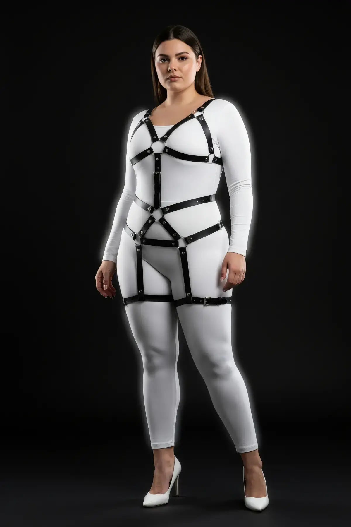 Plus Size Black Vegan Leather Full-Body Garter Harness worn over a white bodysuit by HarnessClub