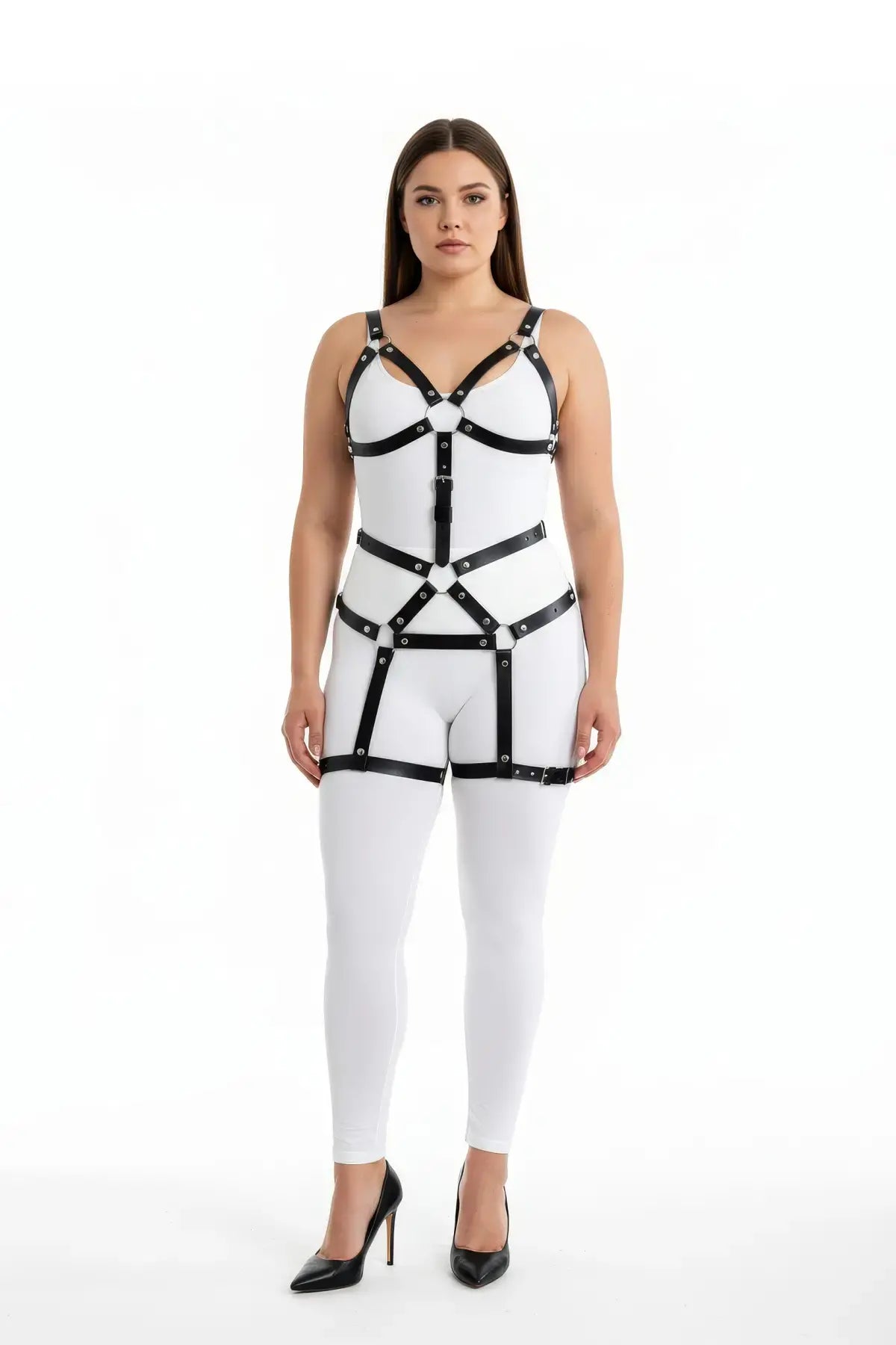 Plus size black full-body garter harness by HarnessClub, vegan leather.