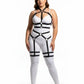 Plus-size black vegan-leather full-body garter harness with multi-strap torso and leg straps