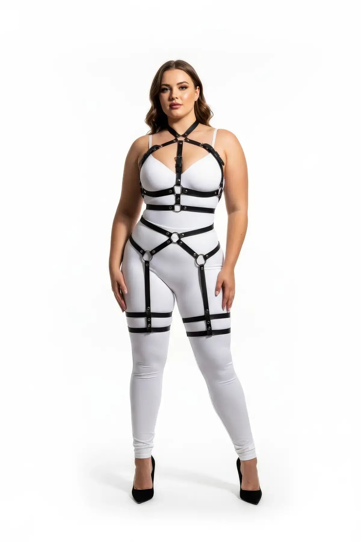 Plus-size black vegan-leather full-body garter harness with multi-strap torso and leg straps