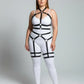 Plus-size black full-body garter harness with vegan leather straps and metal hardware