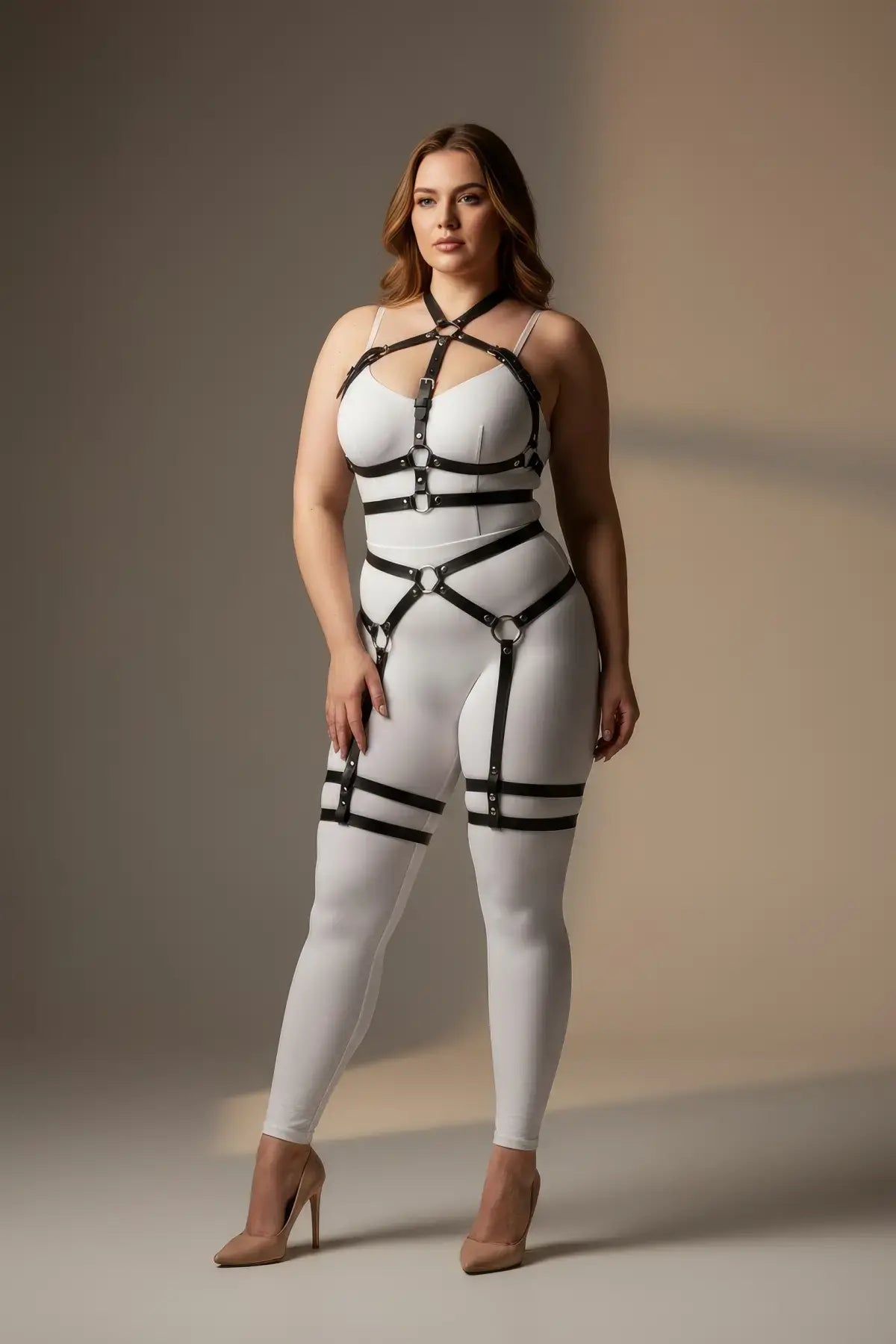 Plus-size black vegan-leather full-body garter harness with multiple straps worn over a white bodysuit