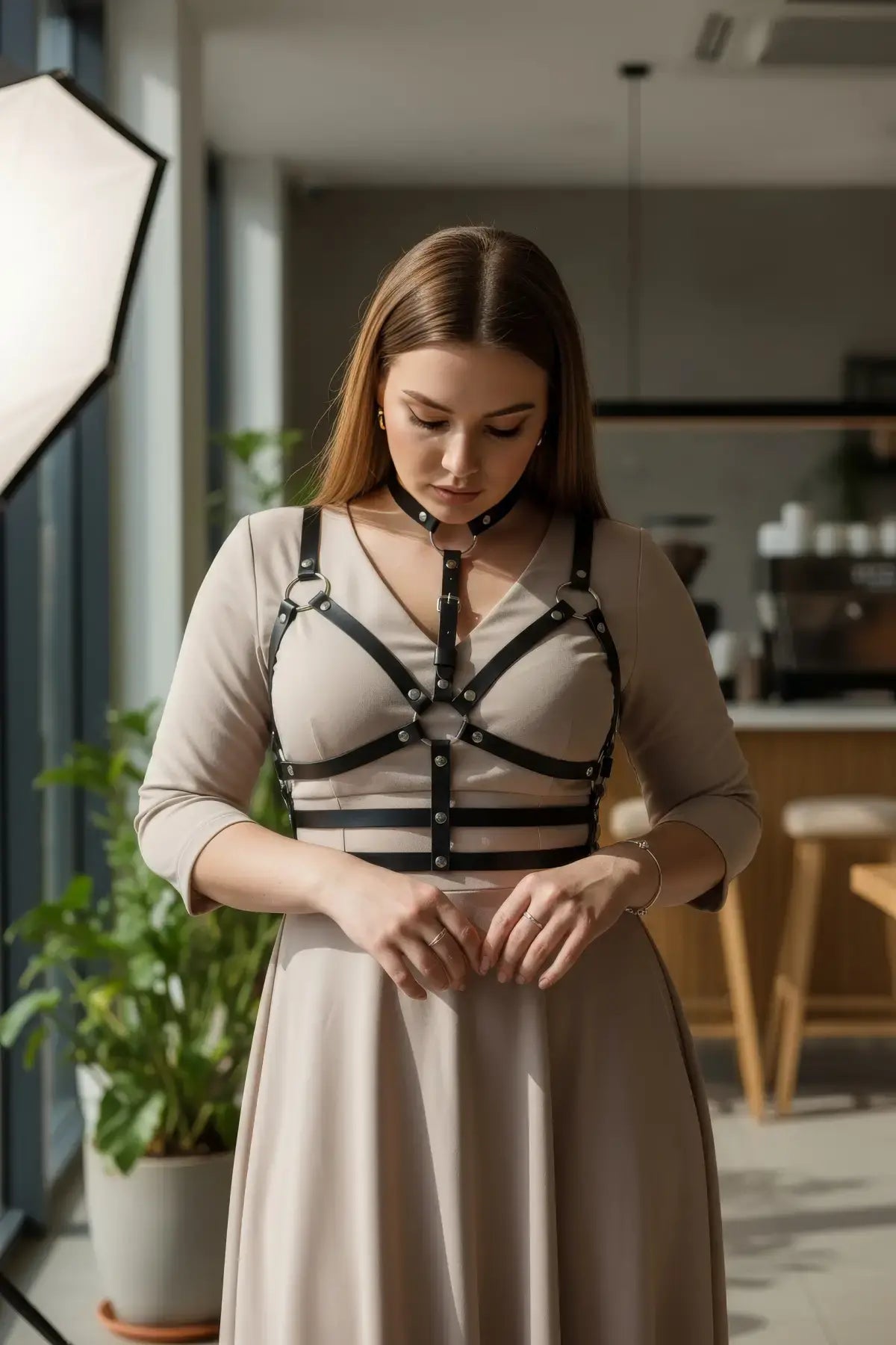 Plus Size Black Full Cage Harness by HarnessClub, vegan leather choker-to-waist body accessory