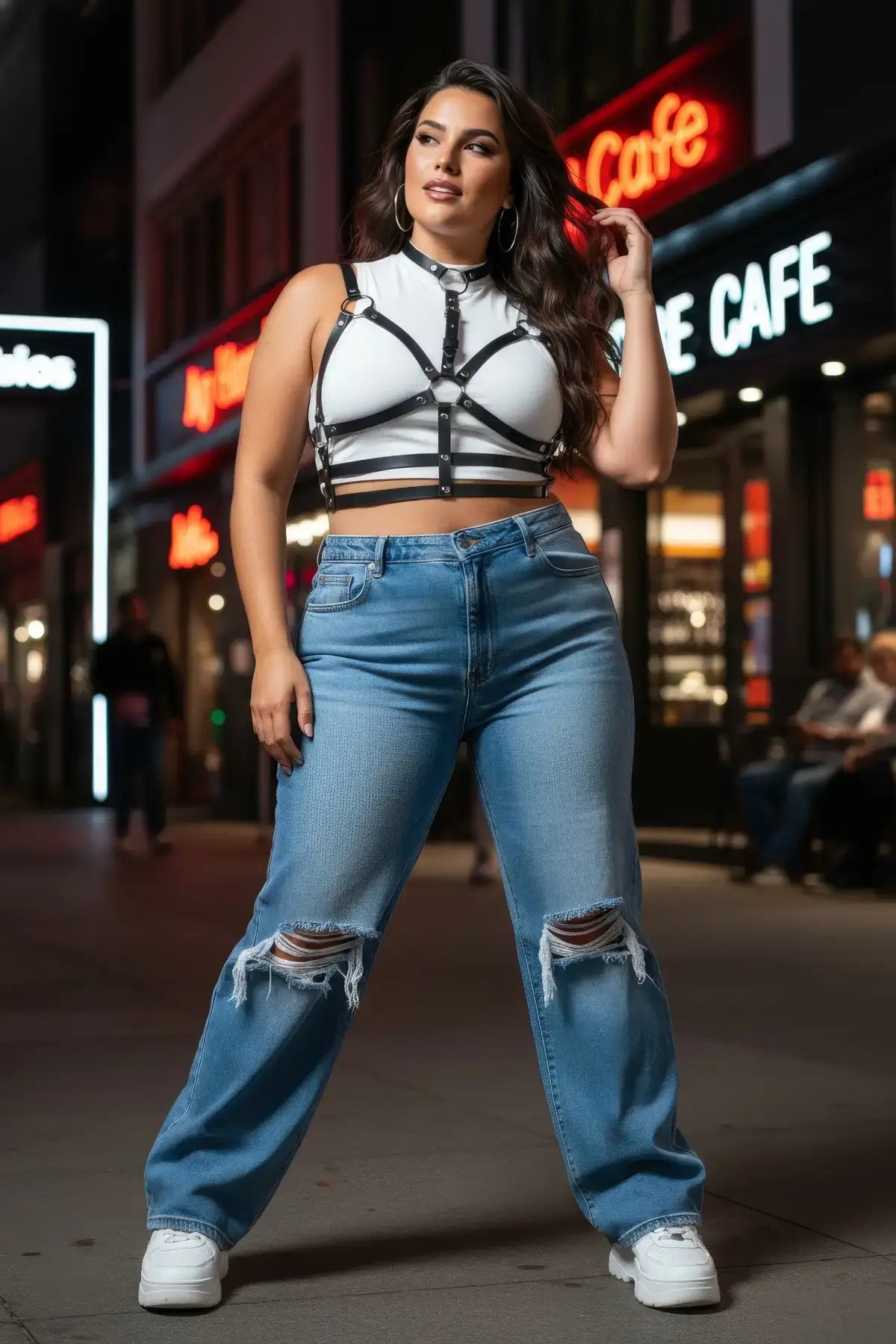 Plus Size Black Full Cage Harness by HarnessClub; vegan leather choker-to-waist body accessory