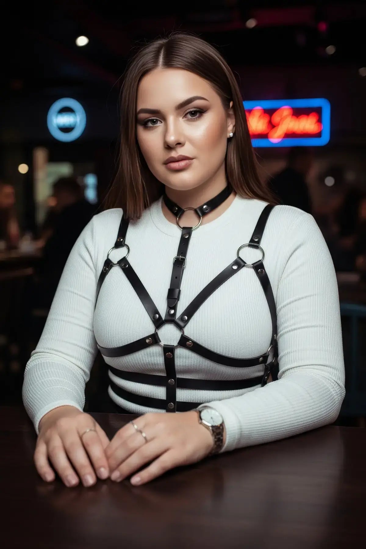 HarnessClub plus-size black vegan leather choker-to-waist full-cage harness with O-ring