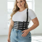 Plus-size black vegan leather full-torso corset body harness with multiple buckle straps.