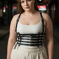 Plus Size Black Full-Torso Corset Body Harness by HarnessClub, vegan leather, worn over a white tank top