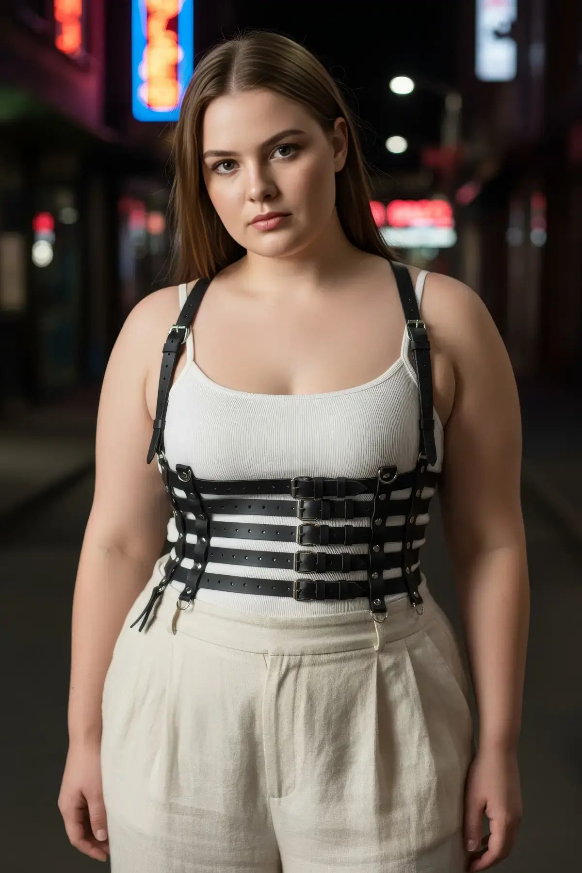 Plus Size Black Full-Torso Corset Body Harness by HarnessClub, vegan leather, worn over a white tank top