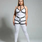 Plus-size black faux leather body harness with fully adjustable straps, worn over white bodysuit by HarnessClub