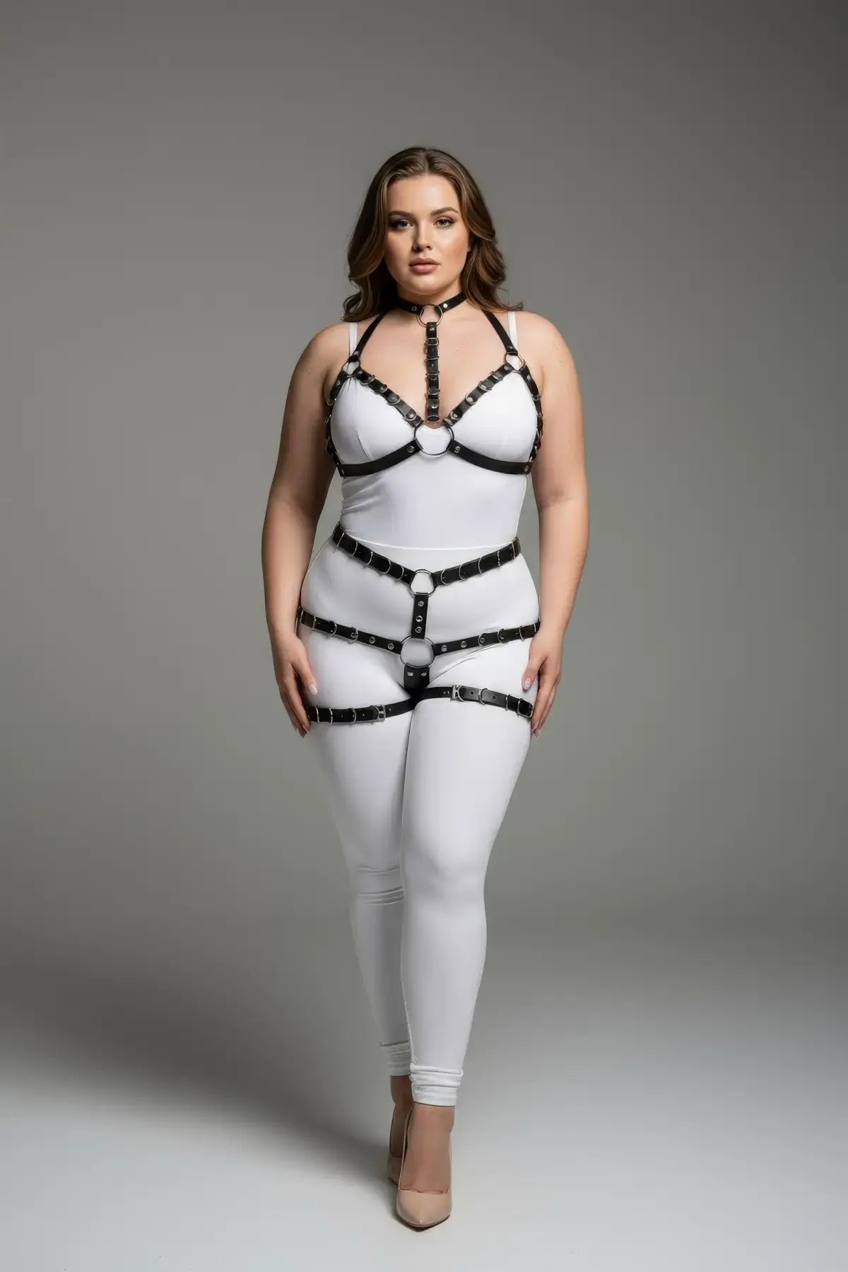 Plus-size black faux-leather body harness with fully adjustable straps