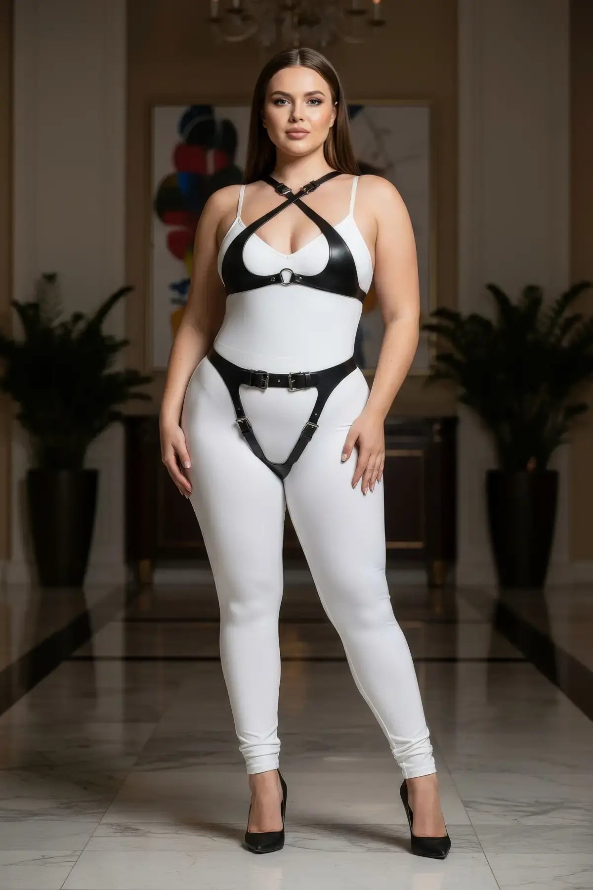 Plus-size black garter-detail faux leather full-body harness set worn over a white bodysuit