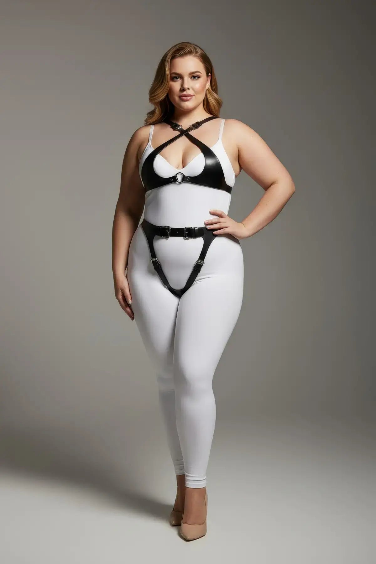 Plus-size black garter-detail faux leather harness set worn over a white bodysuit