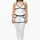 Plus-size black garter-frame full-body harness set by HarnessClub in vegan leather, shown over white bodysuit.