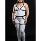 Plus-size black garter-frame full-body harness worn over a white bodysuit; vegan leather straps with metal rings.