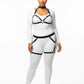 Plus size black garter-frame full-body harness set in vegan leather worn by model