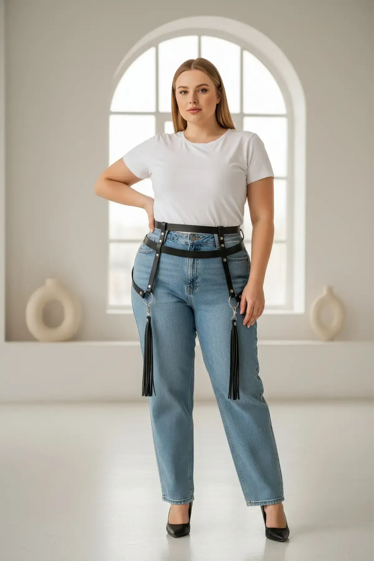 Plus-size black garter hip belt with dual leg straps and tassels, vegan leather by HarnessClub.