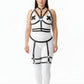Plus-size black garter strap full-body harness set on model in white bodysuit; vegan leather straps, HarnessClub