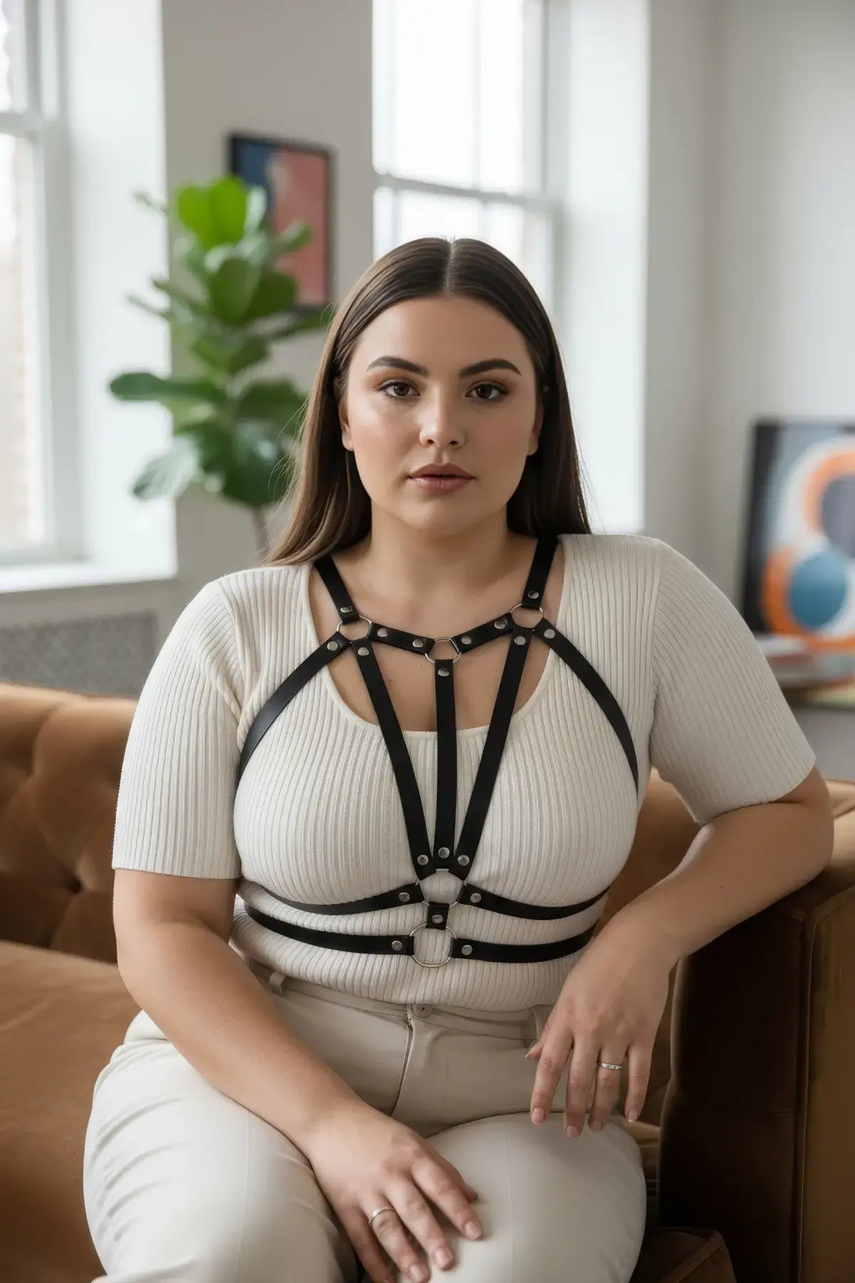 Plus Size Black Geometric Chest Harness by HarnessClub in vegan leather