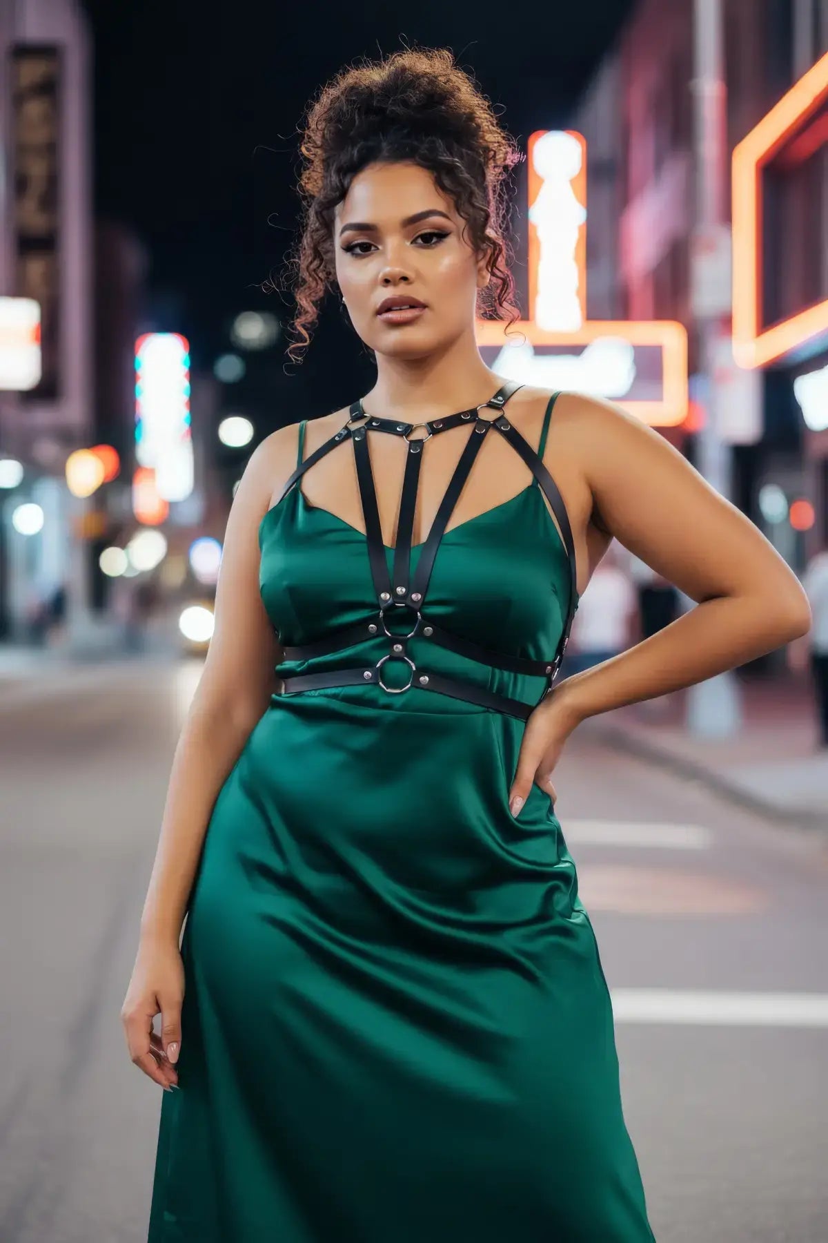 HarnessClub Plus Size Black Geometric Chest Harness worn over green satin dress; vegan leather body accessory.