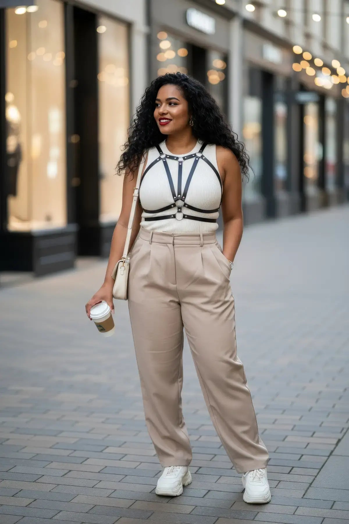Plus Size Black Geometric Chest Harness; vegan leather body accessory