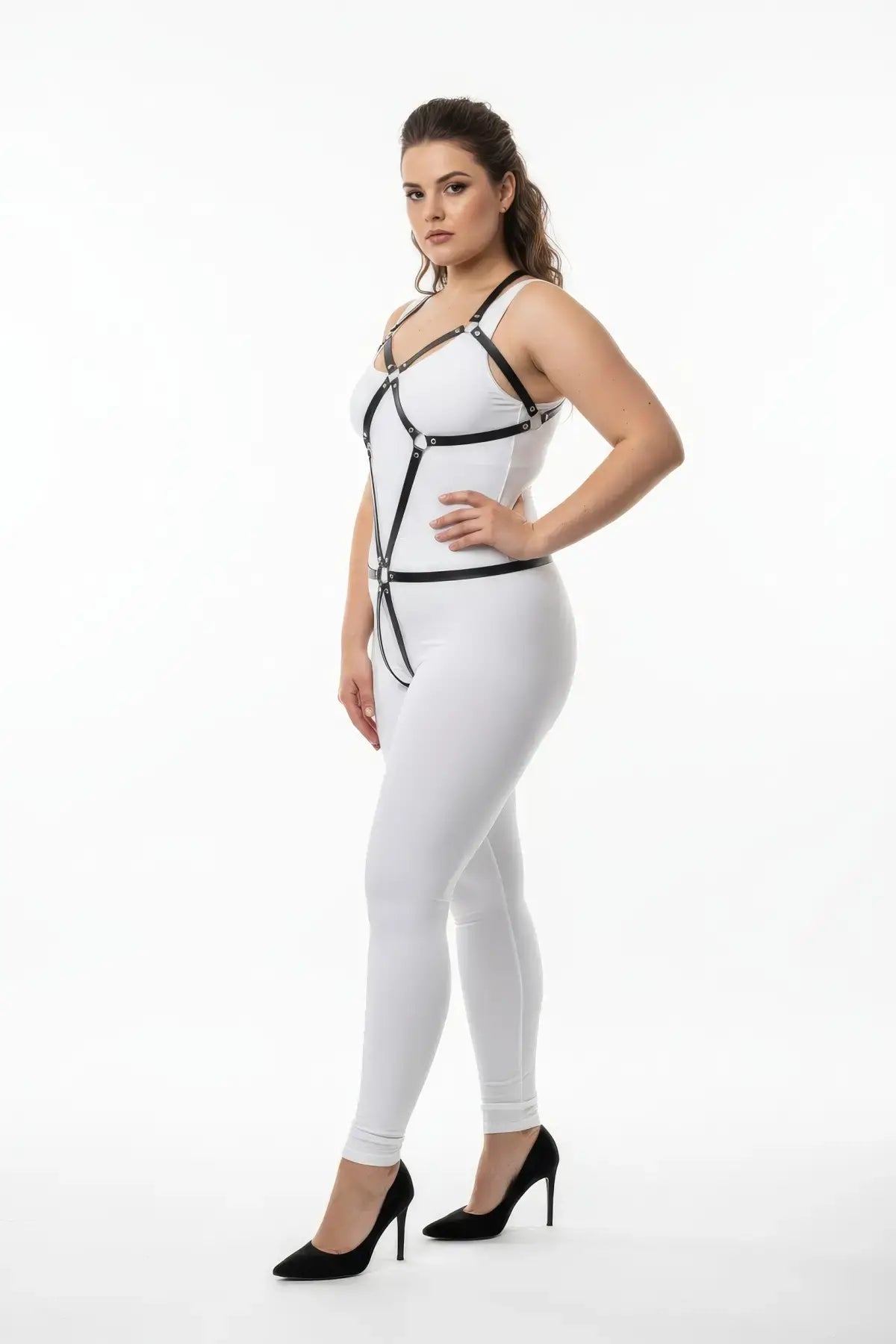 Plus Size Black Geometric Leather Body Harness by HarnessClub; vegan leather full-torso accessory.