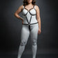 Plus-size black geometric vegan leather full-torso body harness on white bodysuit by HarnessClub on model