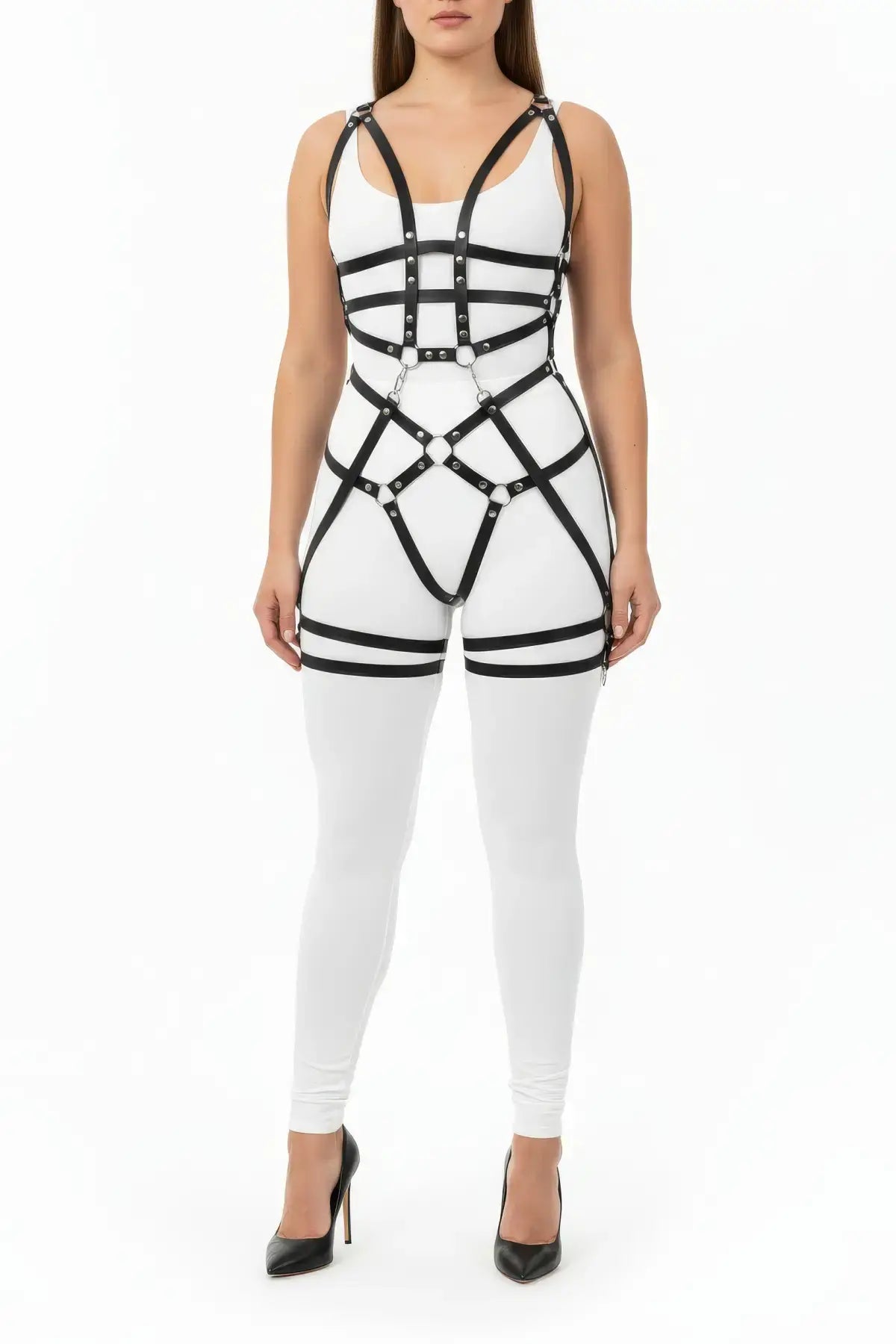 Plus Size Black Grid-Band Full Body Harness Set by HarnessClub, vegan leather