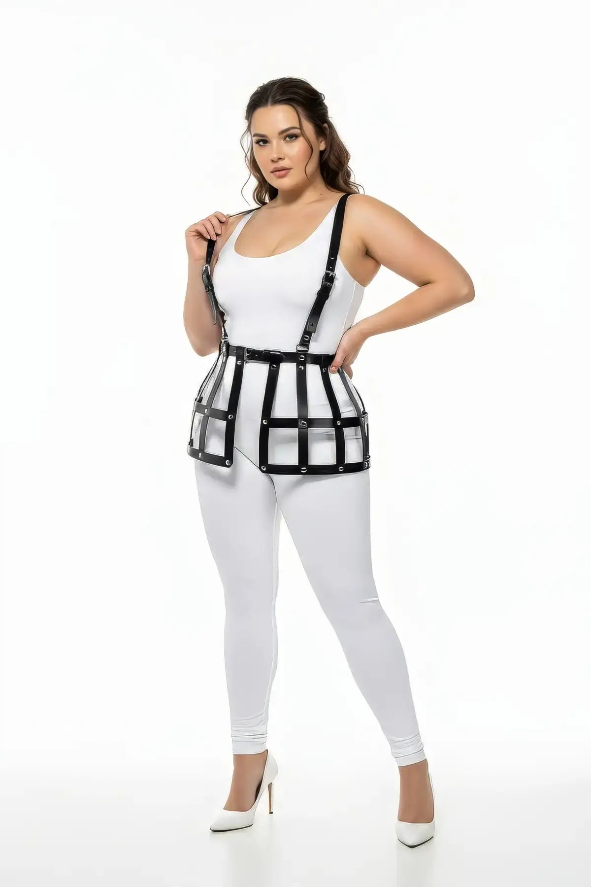 Plus-size black grid cage waist cincher vegan leather body harness by HarnessClub