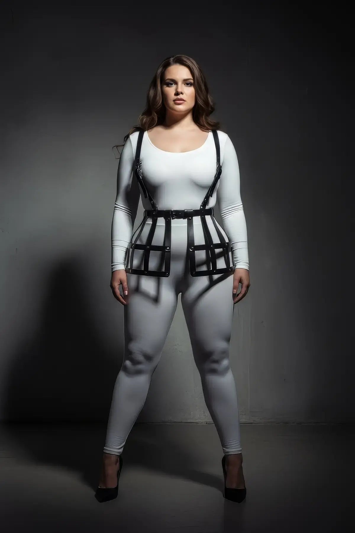 Plus-size black grid cage waist cincher vegan leather body harness worn over white bodysuit