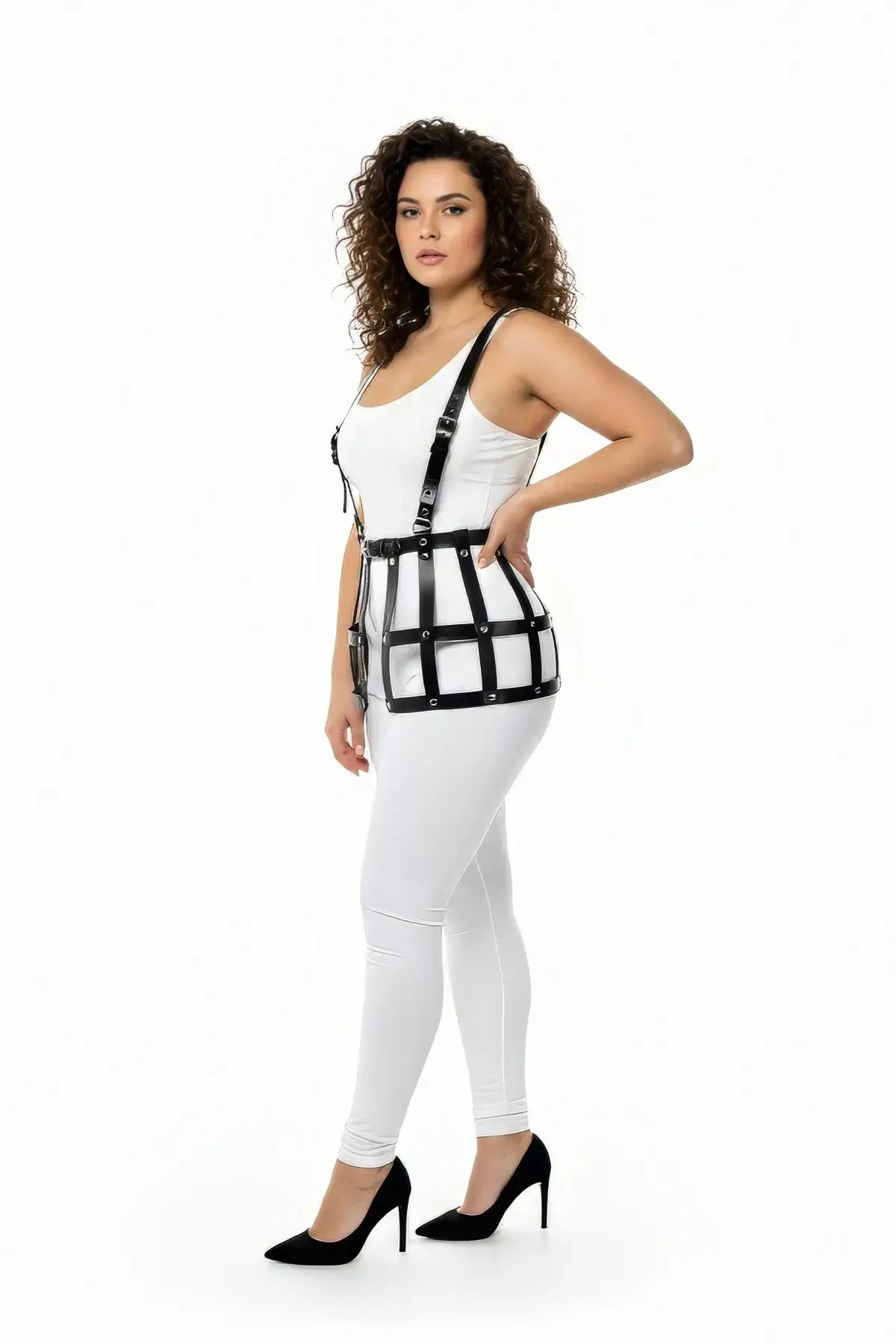 Plus Size Black Grid Cage Waist Cincher by HarnessClub vegan leather body harness with adjustable straps