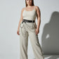 HarnessClub plus-size black vegan leather belt with grommets, O-ring and chain detail