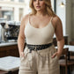 Plus Size Black Grommet Belt with O-Ring and Chain Detail by HarnessClub on vegan leather