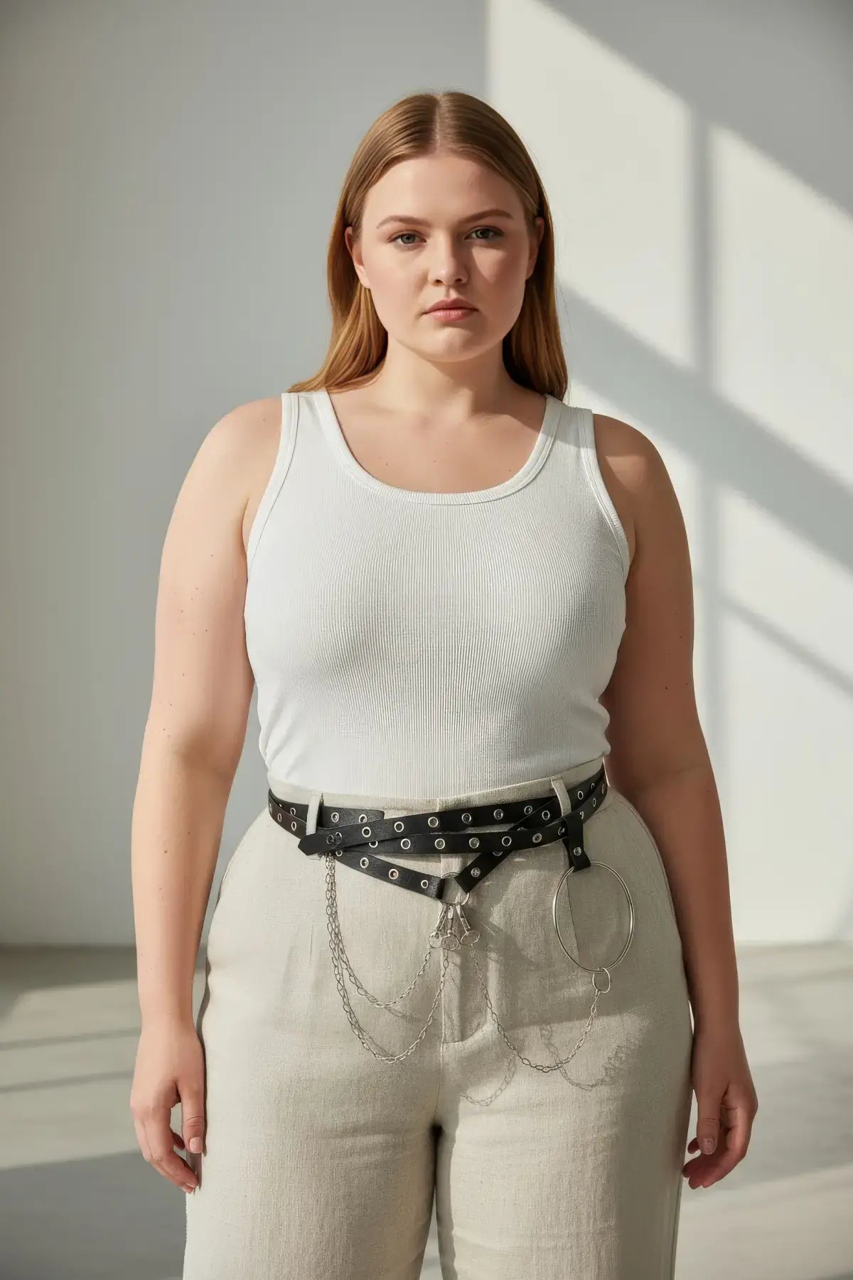 Plus-size black vegan leather grommet belt with o-ring chain cluster by HarnessClub