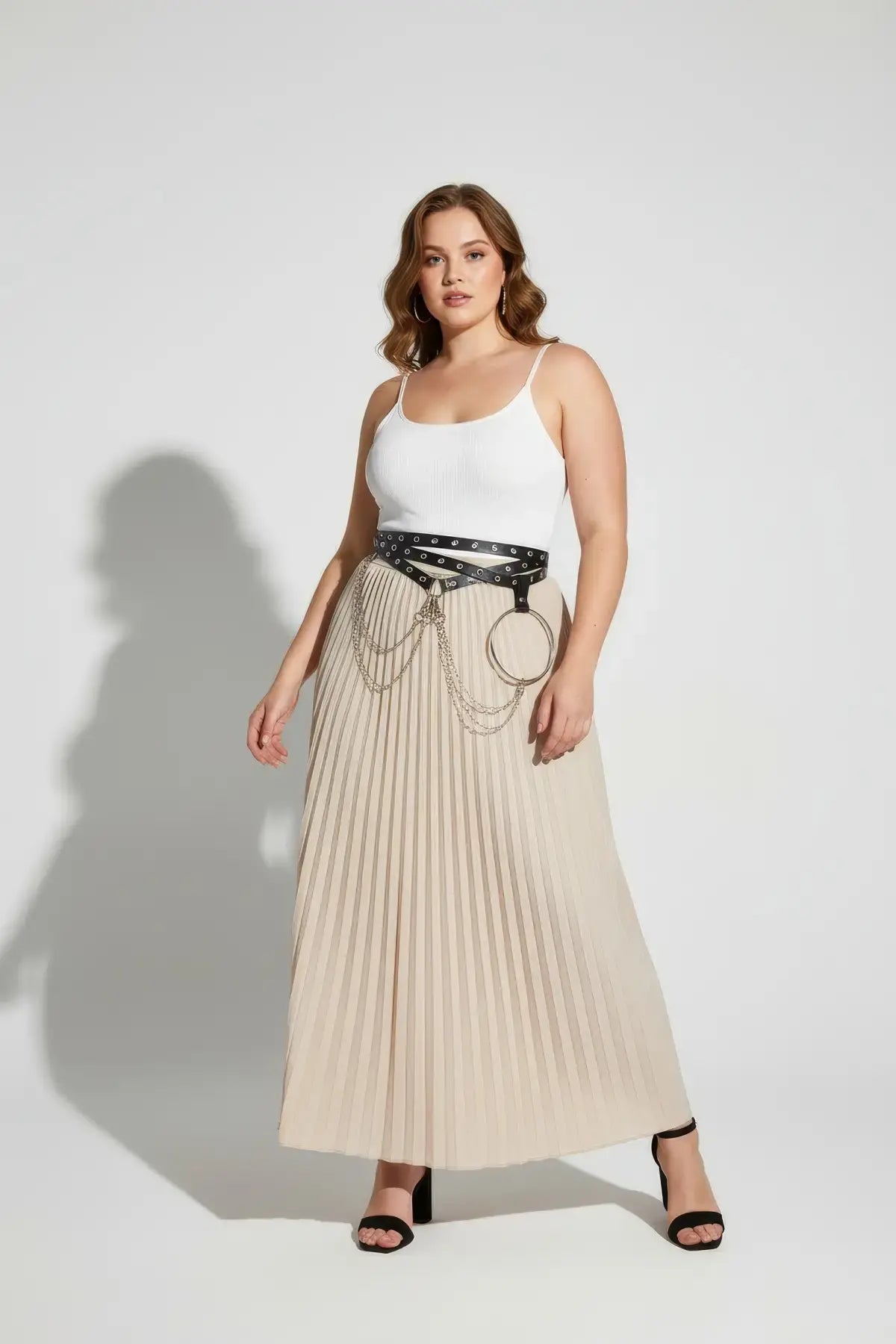 Plus Size Black Grommet Belt with O-Ring Chain Cluster, vegan leather.